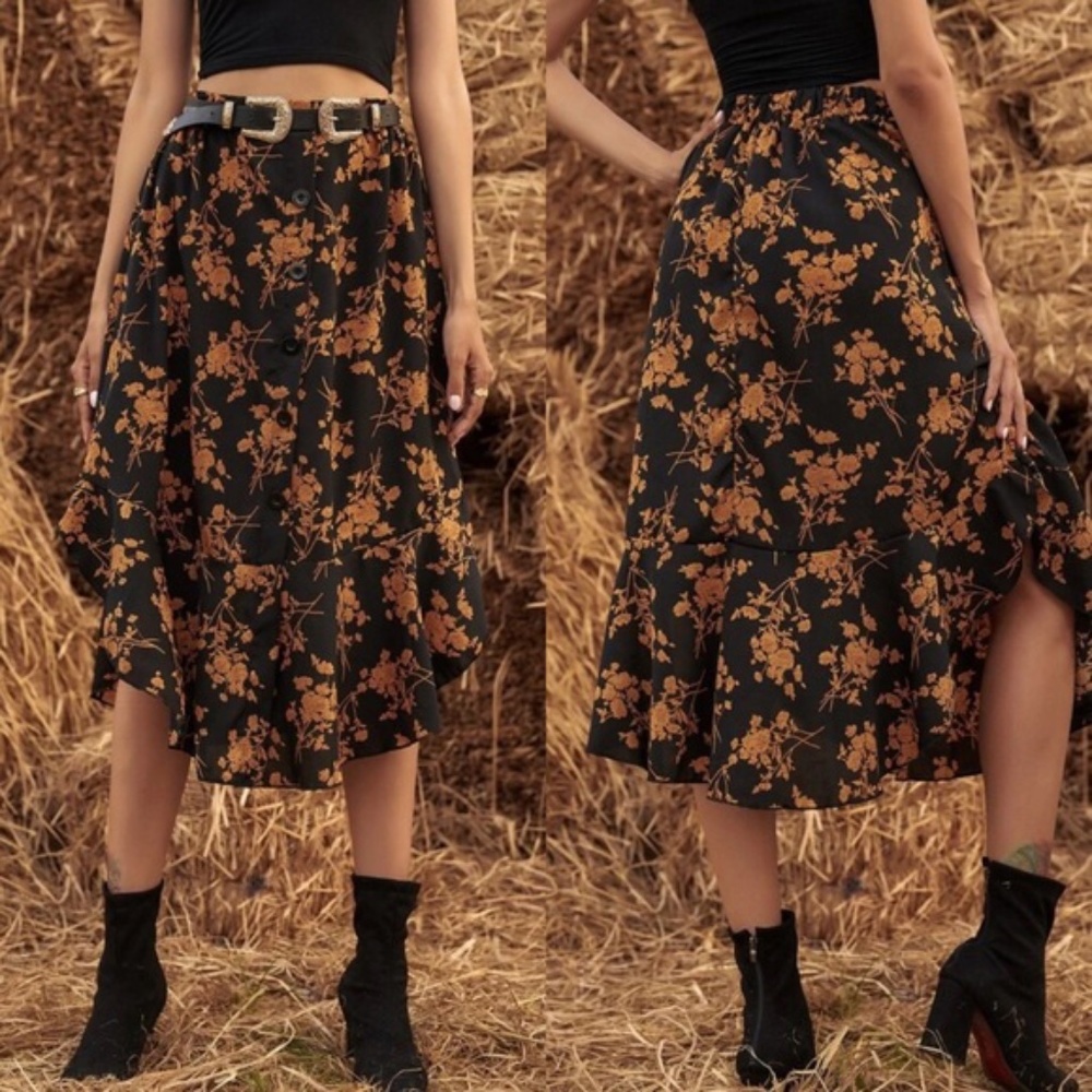 Boho Red Black Ruffle Button Midi Skirt - Picture 2 of 6